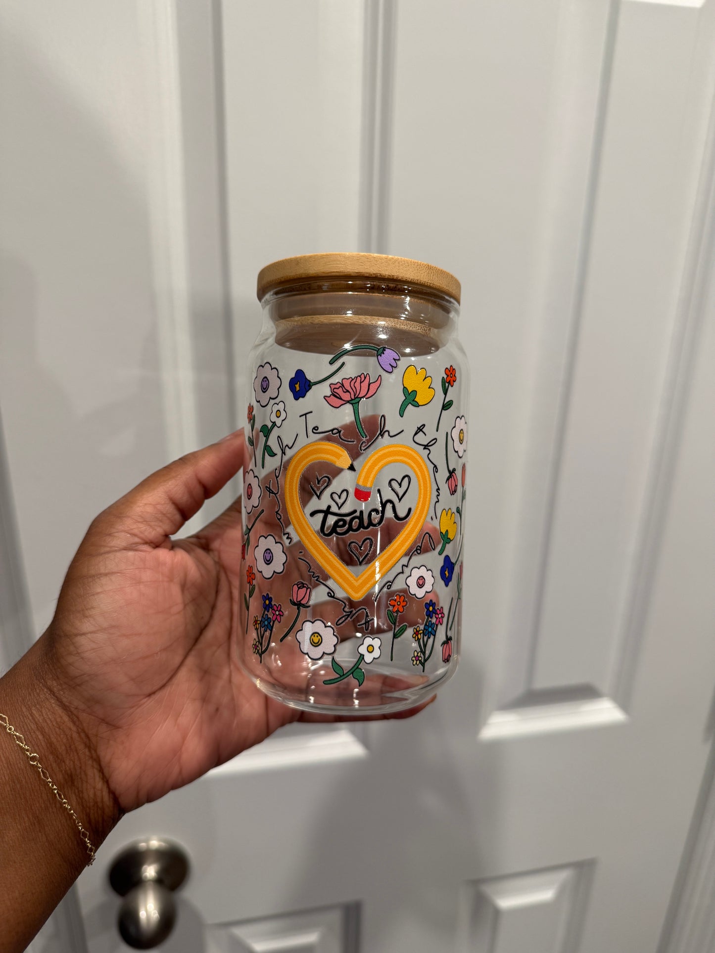 Teacher glass cup w/ plastic straw