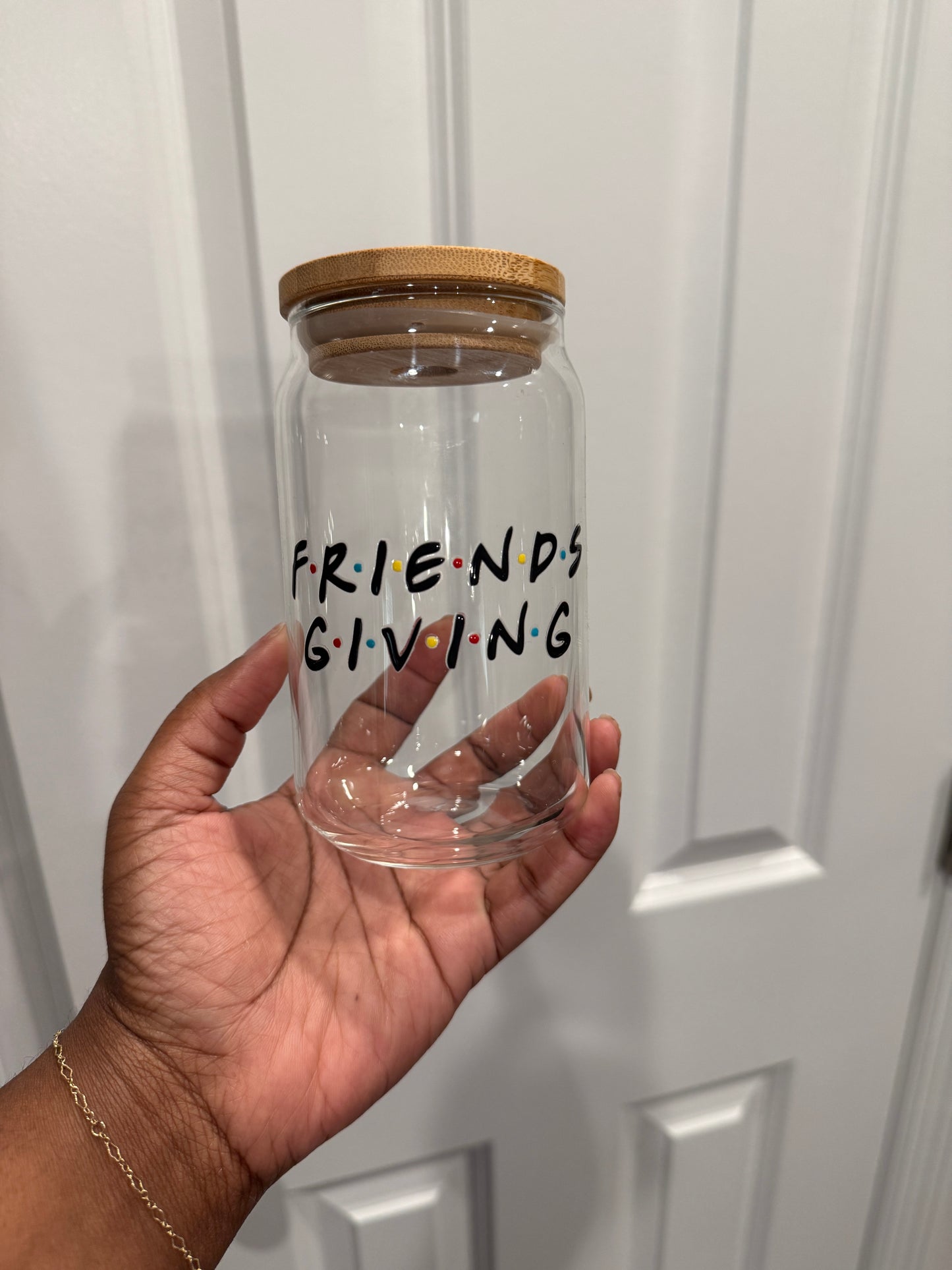Friends Giving glass cup w/ plastic straw